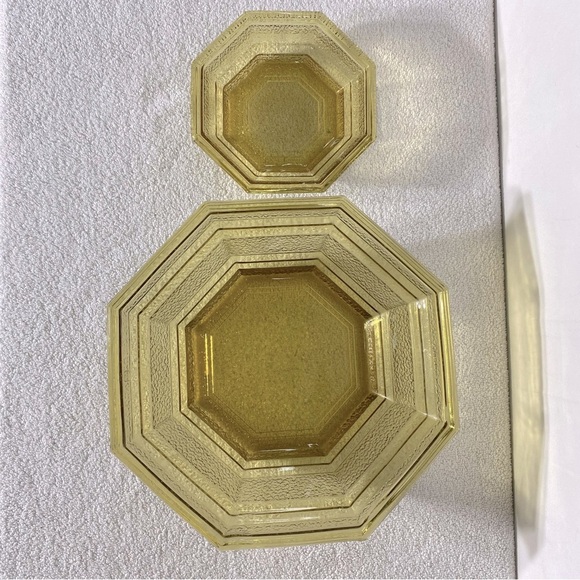 Vintage Anchor Hocking Textured Amber Glass Octagonal Chip & Dip Bowl Set - Picture 2 of 14